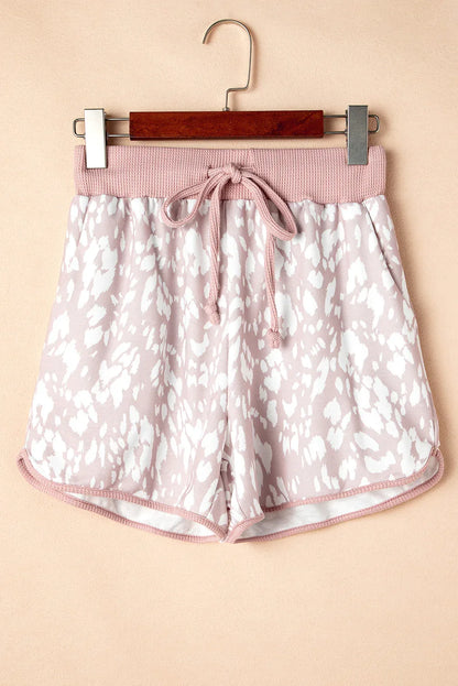Khaki Classic Leopard Arched Hem Elastic Waistband Casual Shorts - Windgat