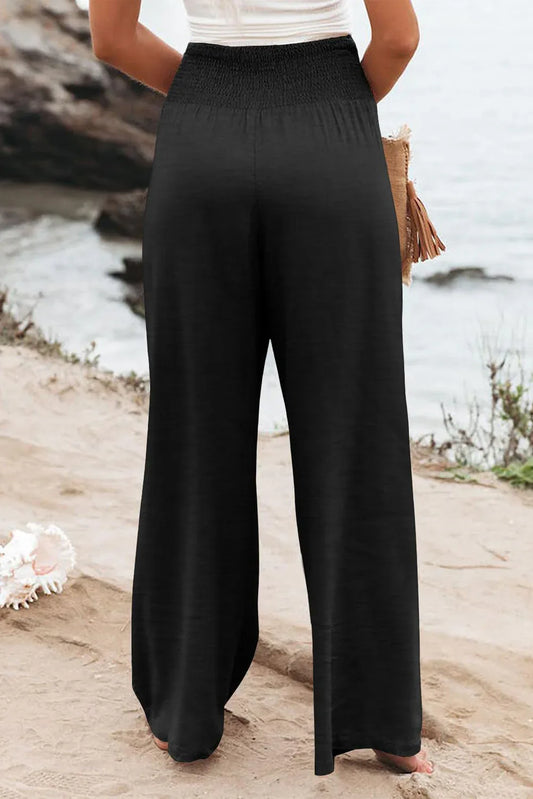 Black Shirred High Waist Plus Size Wide Leg Pants - Windgat