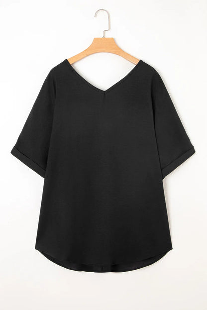 Green Seamed Back High Low Hem V Neck Cuffed Sleeve Plus Size Tee - Windgat