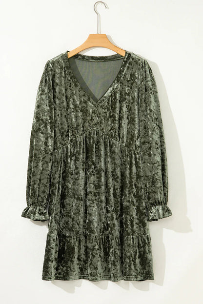 Coffee Plus Size Velvet Babydoll Mini Dress with Puff Sleeve - Windgat