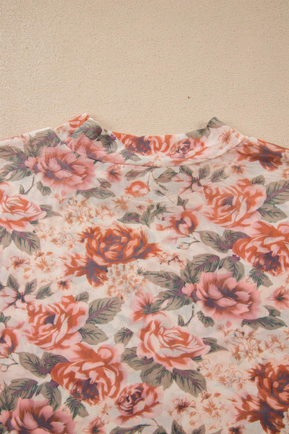 Pink Plus Size Floral Mock Neck Long Sleeve Slim Top - Windgat