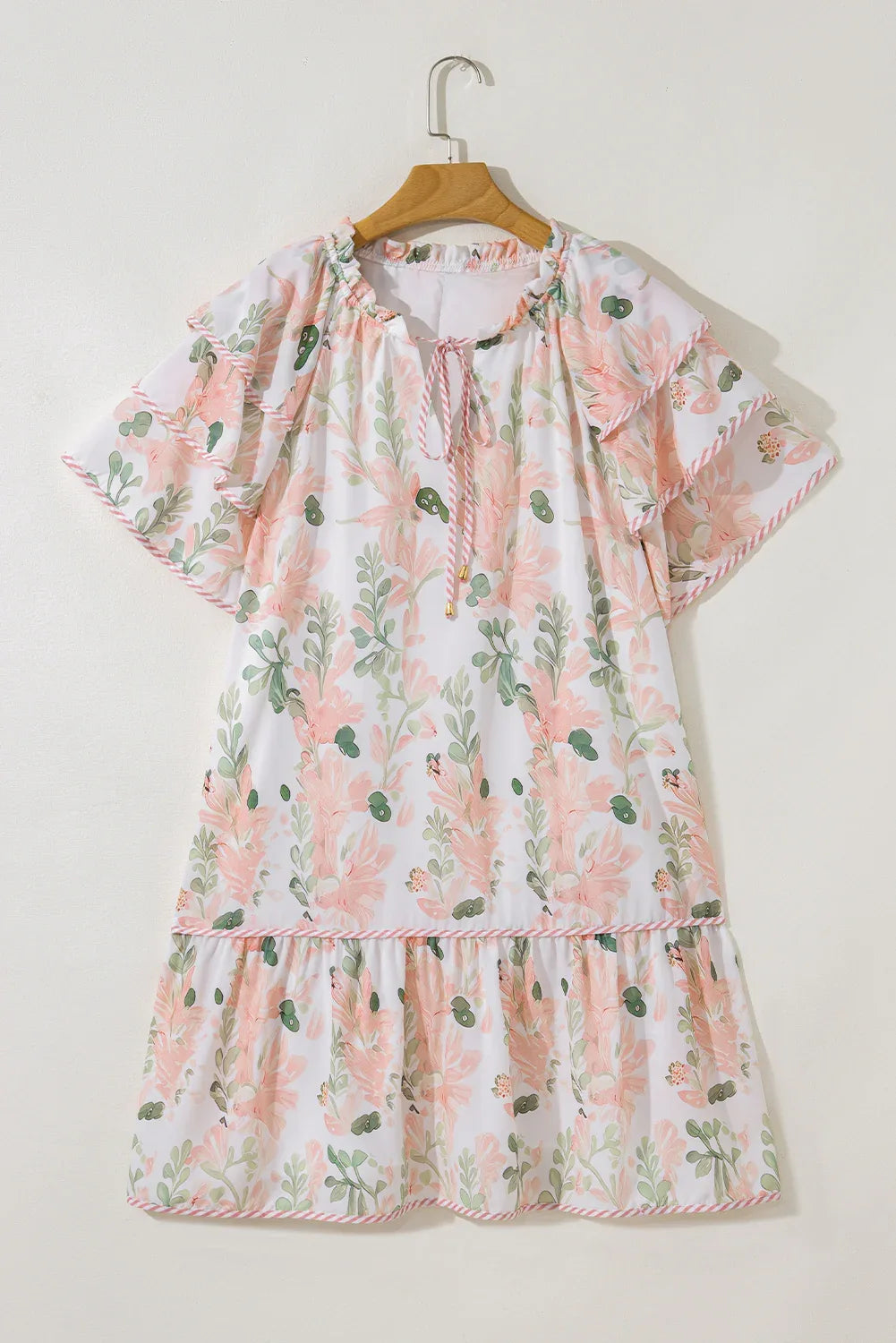 Pink Plus Size Floral Print Striped Detail Short Summer Dress - Windgat