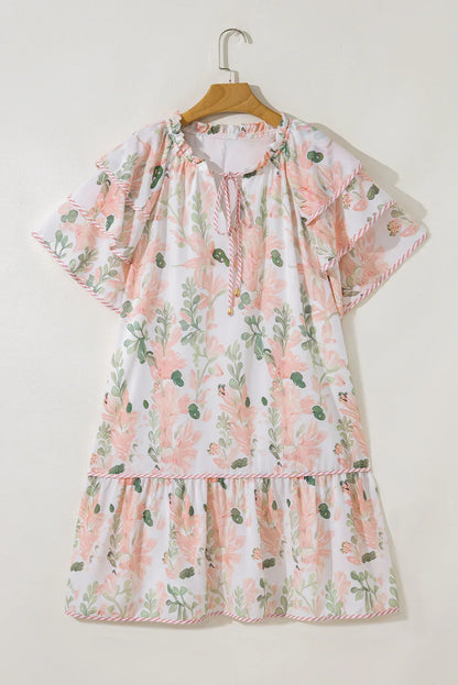 Pink Plus Size Floral Print Striped Detail Short Summer Dress - Windgat