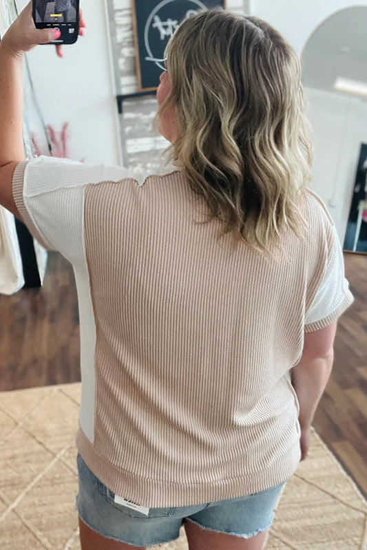 Parchment Twist Rib Colorblock Hi Low Plus Size Short Sleeve Top - Windgat