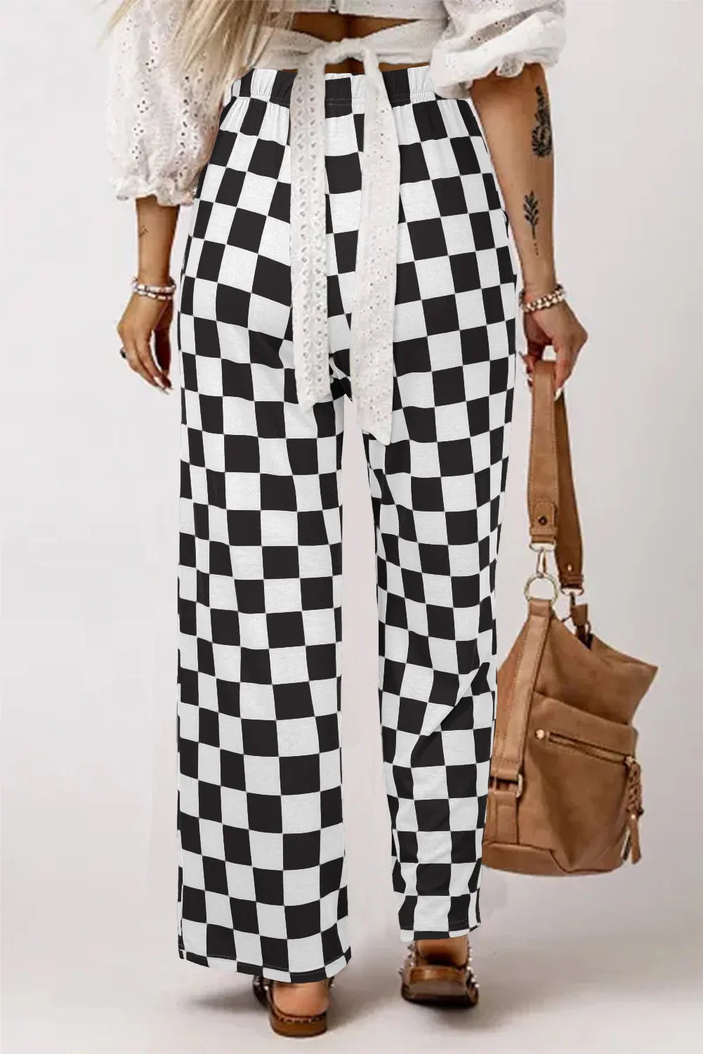 Green 2-Tone Checked Print High Waist Wide Leg Pants - Windgat