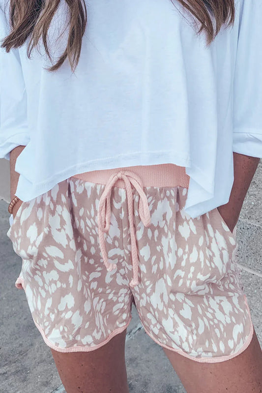 Khaki Classic Leopard Arched Hem Elastic Waistband Casual Shorts - Windgat