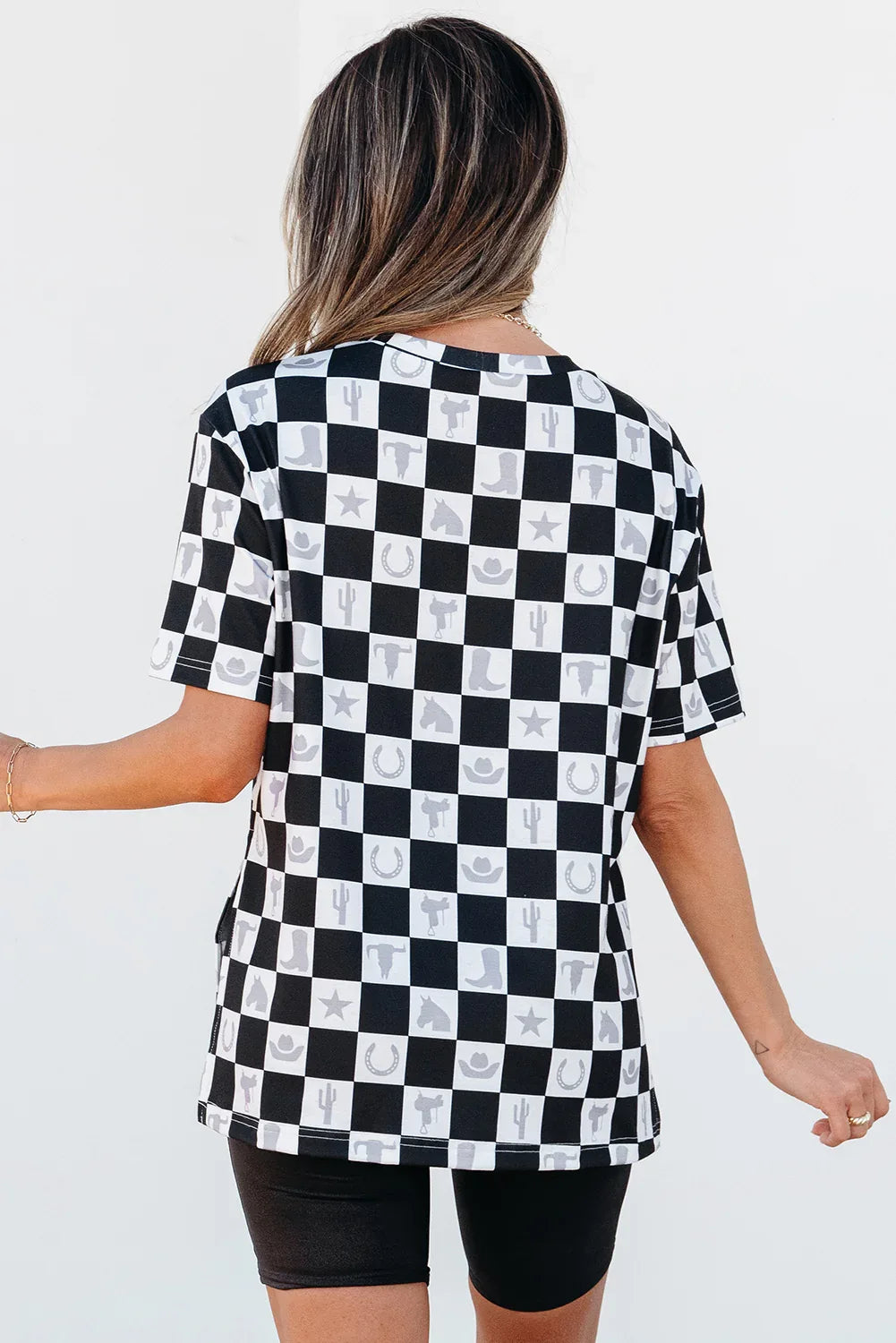 Black Western Fashion Checkerboard Print Side Split T Shirt - Windgat