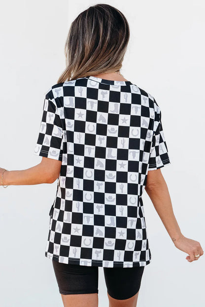 Black Western Fashion Checkerboard Print Side Split T Shirt - Windgat