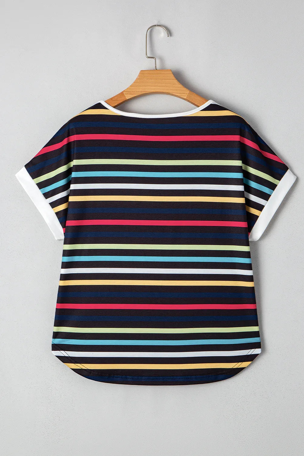 Black Stripe Multicolor Contrast Edge Crew Neck T Shirt - Windgat