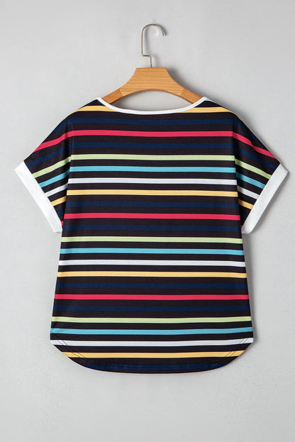 Black Stripe Multicolor Contrast Edge Crew Neck T Shirt - Windgat