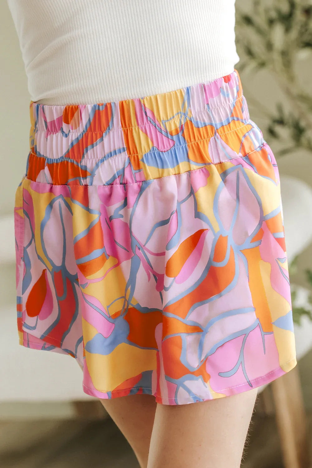 Purple Abstract Print Smock Waist Casual Shorts - Windgat