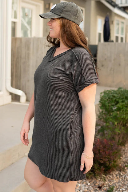 Carbon Grey Corded V Neck Plus Size T Shirt Dress with Pockets - Windgat