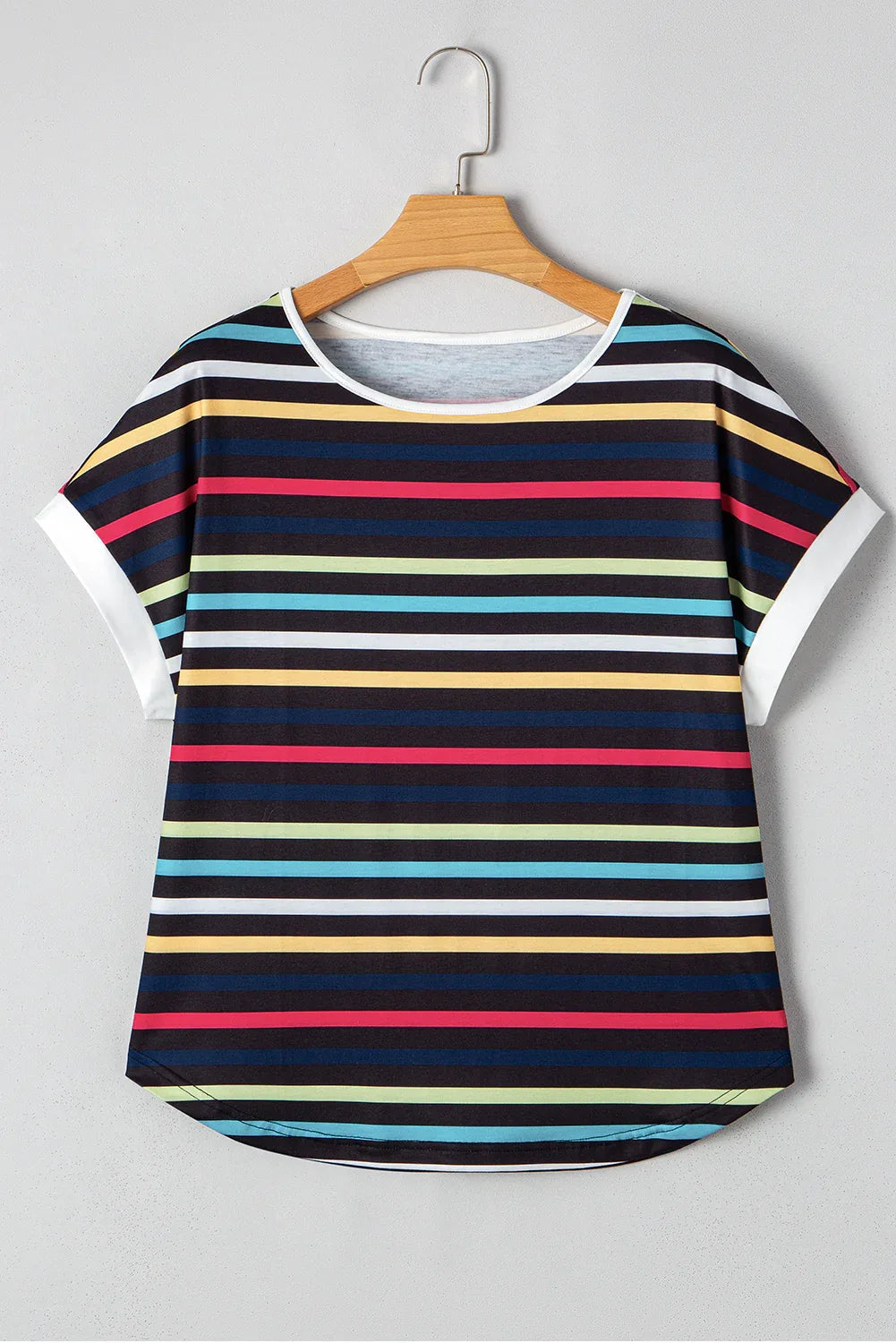 Black Stripe Multicolor Contrast Edge Crew Neck T Shirt - Windgat