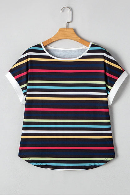 Black Stripe Multicolor Contrast Edge Crew Neck T Shirt - Windgat