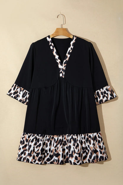Black Plus Size Leopard Patchwork V Neck 3/4 Sleeve Ruffle Hem Mini Dress - Windgat