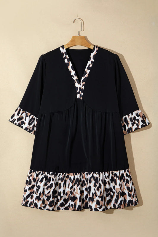 Black Plus Size Leopard Patchwork V Neck 3/4 Sleeve Ruffle Hem Mini Dress - Windgat