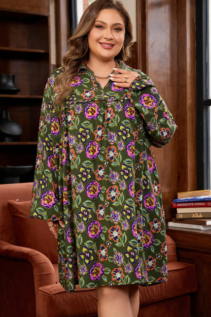 Green Plus Size Floral Print Collared V Neck Loose Mini Dress - Windgat