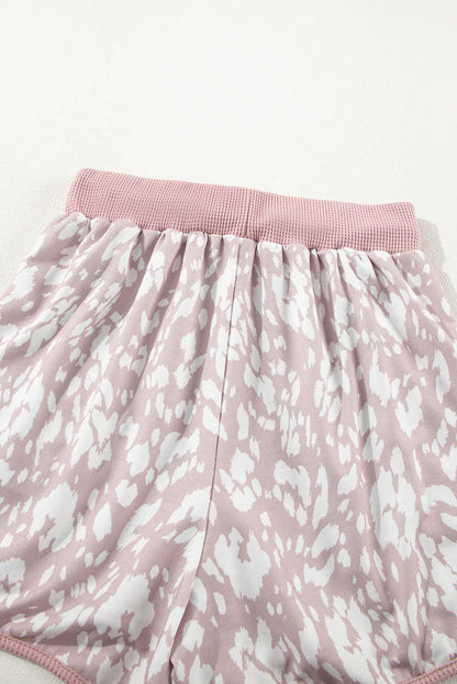 Khaki Classic Leopard Arched Hem Elastic Waistband Casual Shorts - Windgat