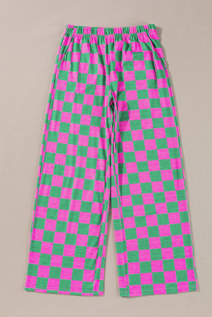 Green 2-Tone Checked Print High Waist Wide Leg Pants - Windgat