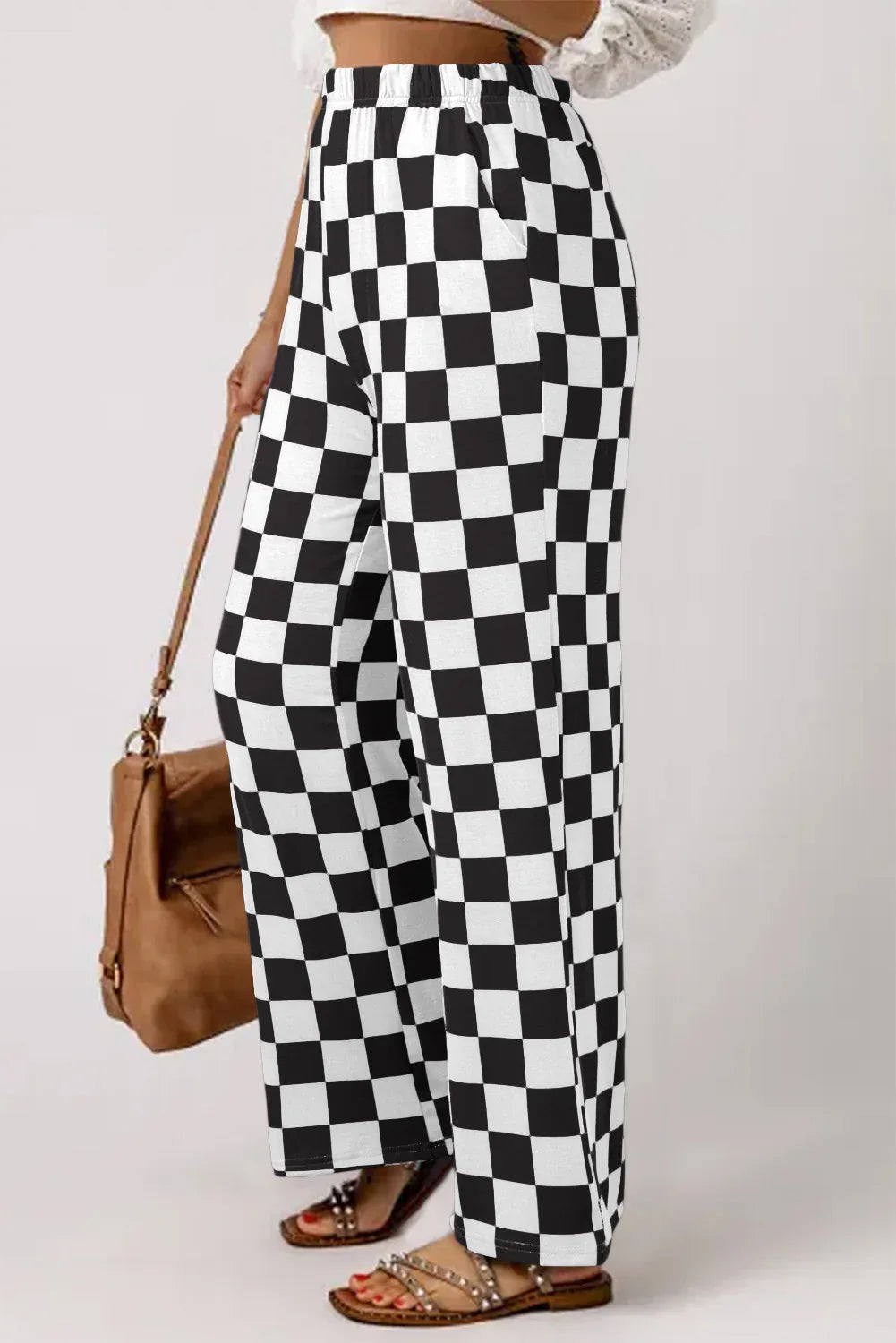Green 2-Tone Checked Print High Waist Wide Leg Pants - Windgat