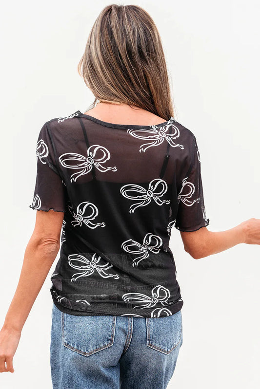 Black Bow Printed Mesh Short Sleeve Top - Windgat