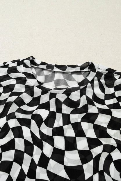 Black Checkered Print Mock Neck Mesh T Shirt - Windgat