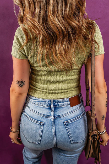 Spinach Green Textured Knit Slim Fit Notch V Neck T Shirt - Windgat