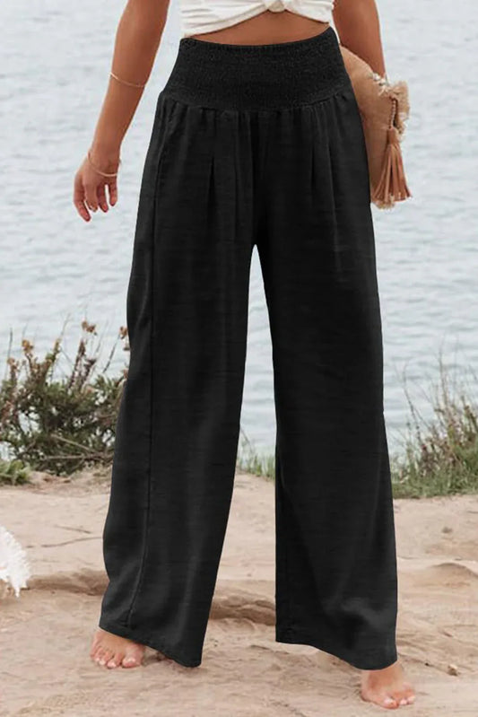 Black Shirred High Waist Plus Size Wide Leg Pants - Windgat