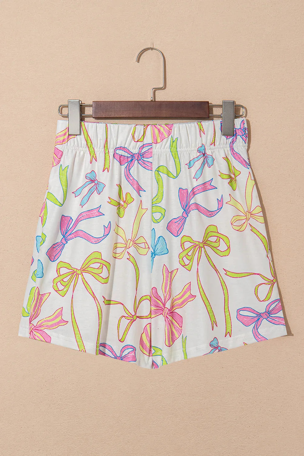 White Cheerful Bow Print Elastic Pull On Casual Shorts - Windgat