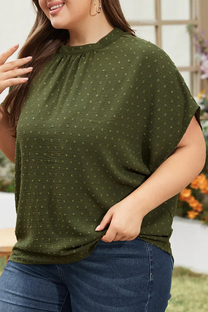 Moss Green Plus Size Swiss Dot Mock Neck Tied Nape Top - Windgat