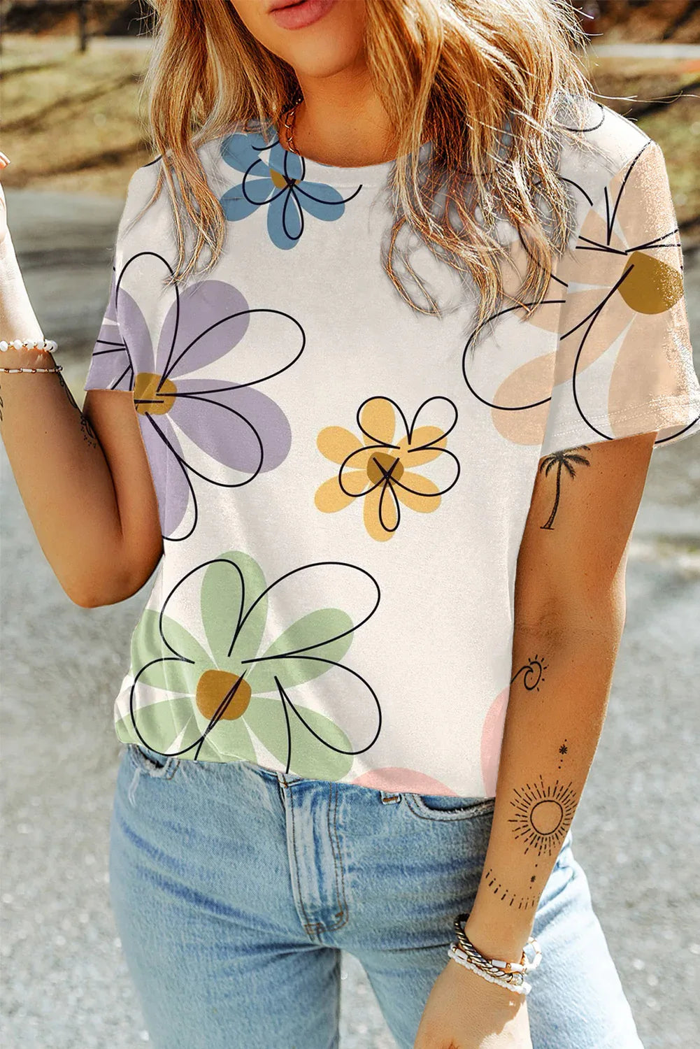 Beige Summer Flower Print Casual Round Neck T Shirt - Windgat