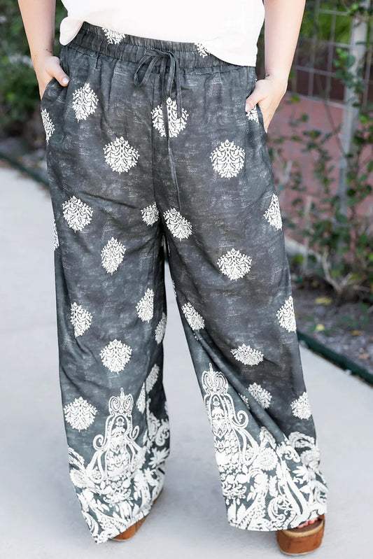 Black Plus Size Geometric Ethnic Print Drawstring Wide Leg Pants - Windgat