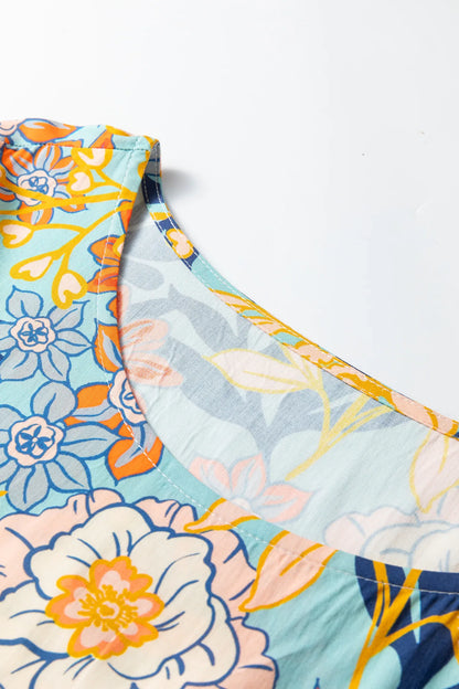 Blue Plus Size Floral Ruffled Long Sleeve Flowy Mini Dress - Windgat