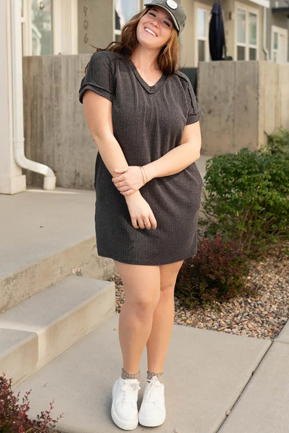 Carbon Grey Corded V Neck Plus Size T Shirt Dress with Pockets - Windgat