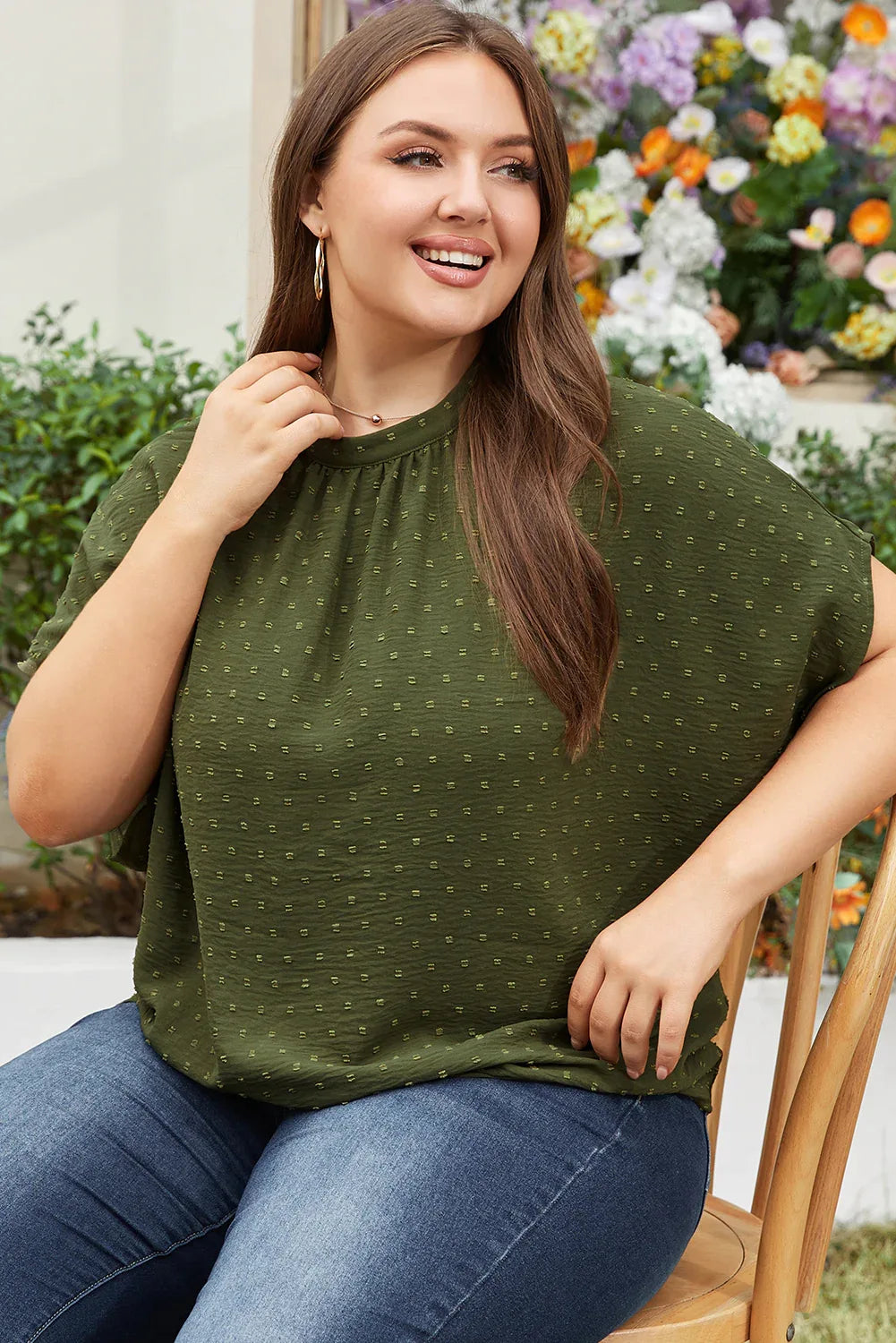 Moss Green Plus Size Swiss Dot Mock Neck Tied Nape Top - Windgat