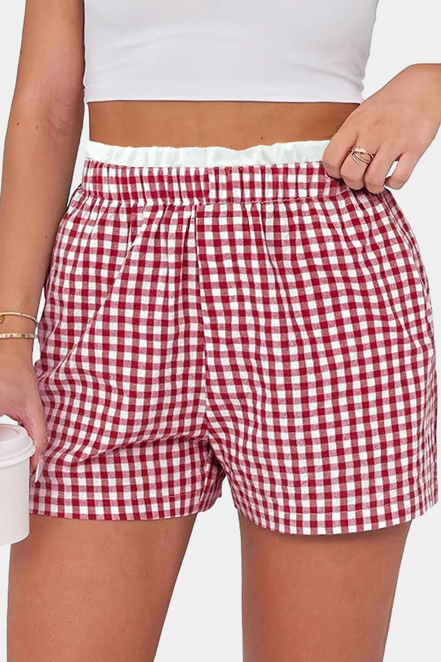 Red Contrast Trim Plaid Print Plus Size Shorts - Windgat