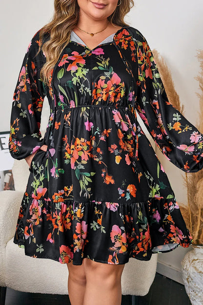 Black Plus Size Floral Print Tie Neck Cinched Waist Long Sleeve Mini Dress - Windgat
