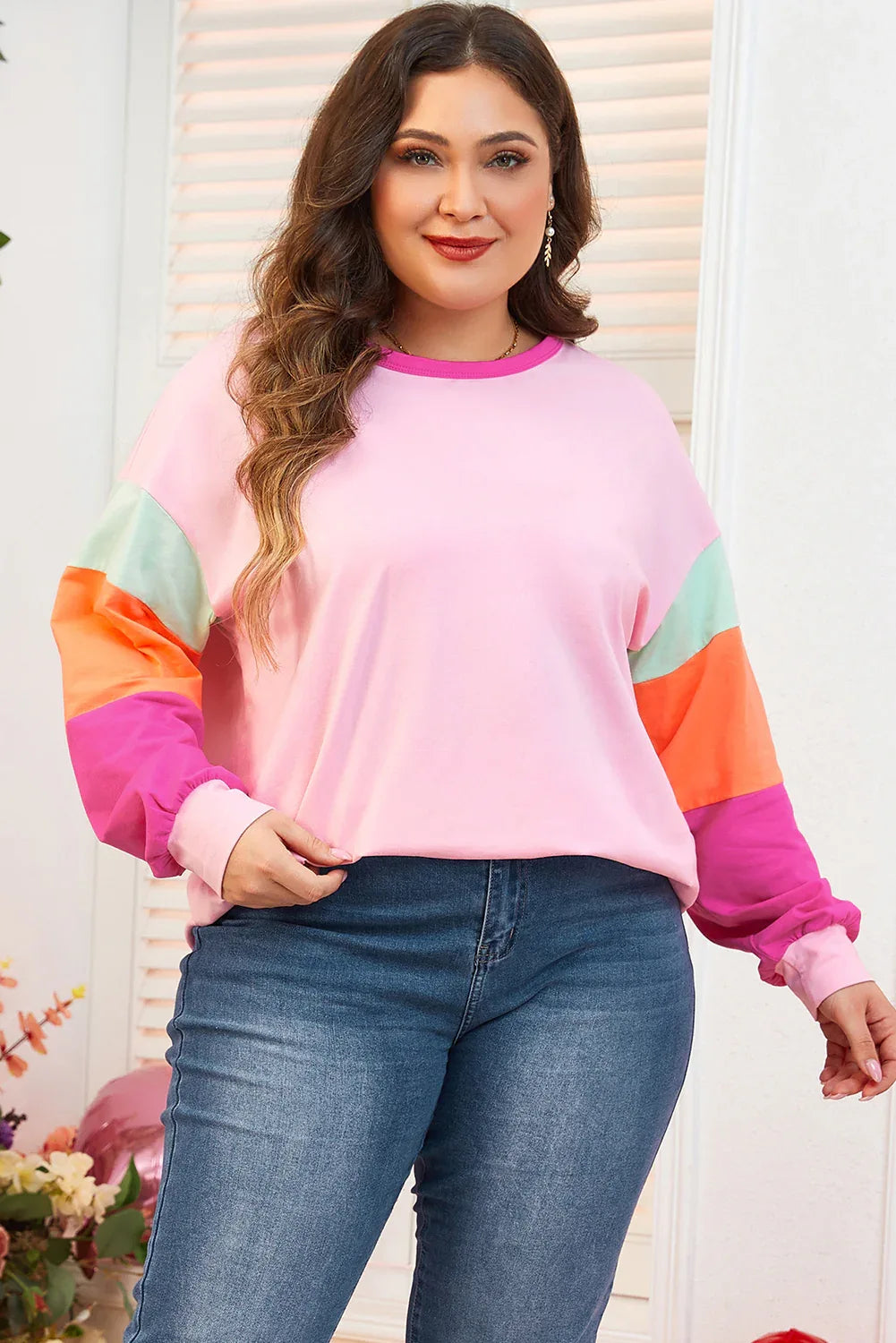 Pink Colorblock Patchwork Long Sleeve Plus Size Top - Windgat