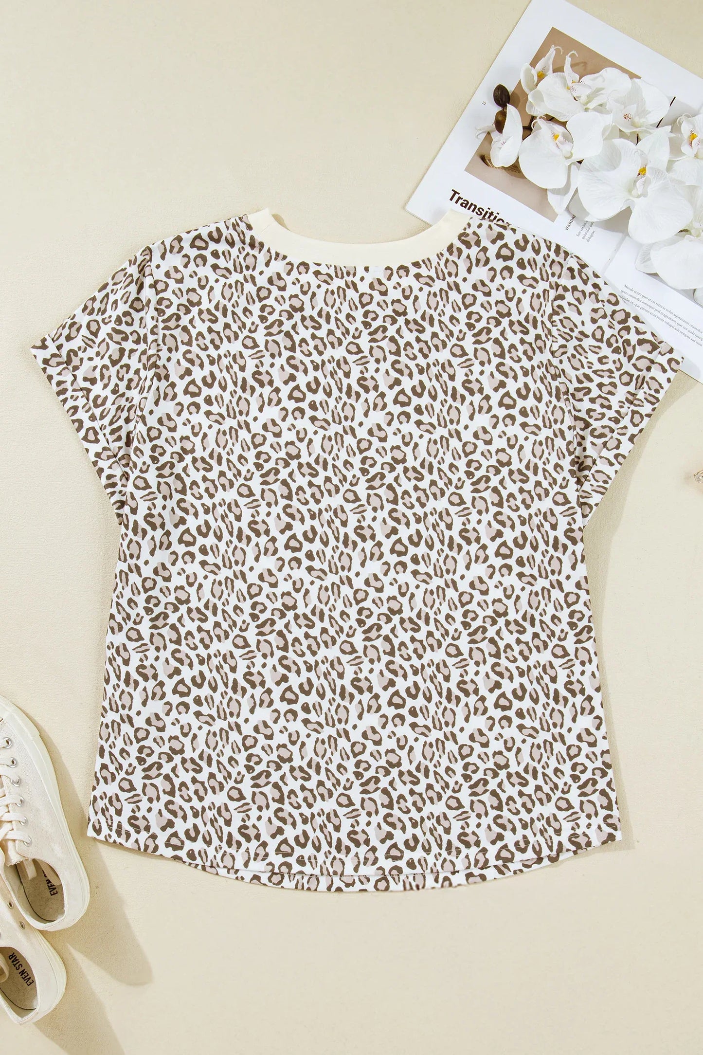 White Plus Size Leopard Print Round Neck T Shirt - Windgat