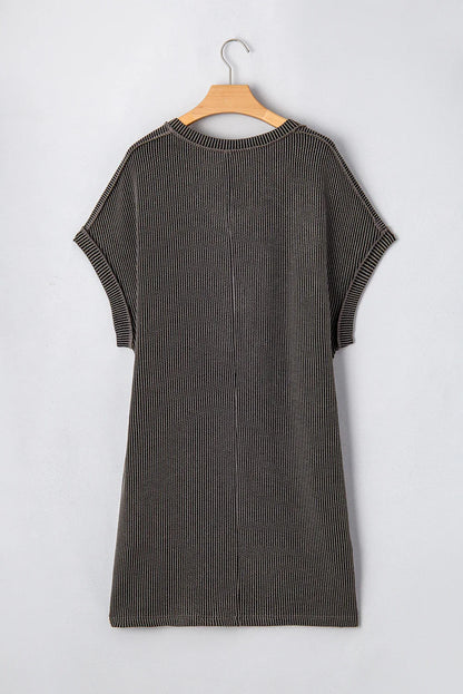 Carbon Grey Corded V Neck Plus Size T Shirt Dress with Pockets - Windgat