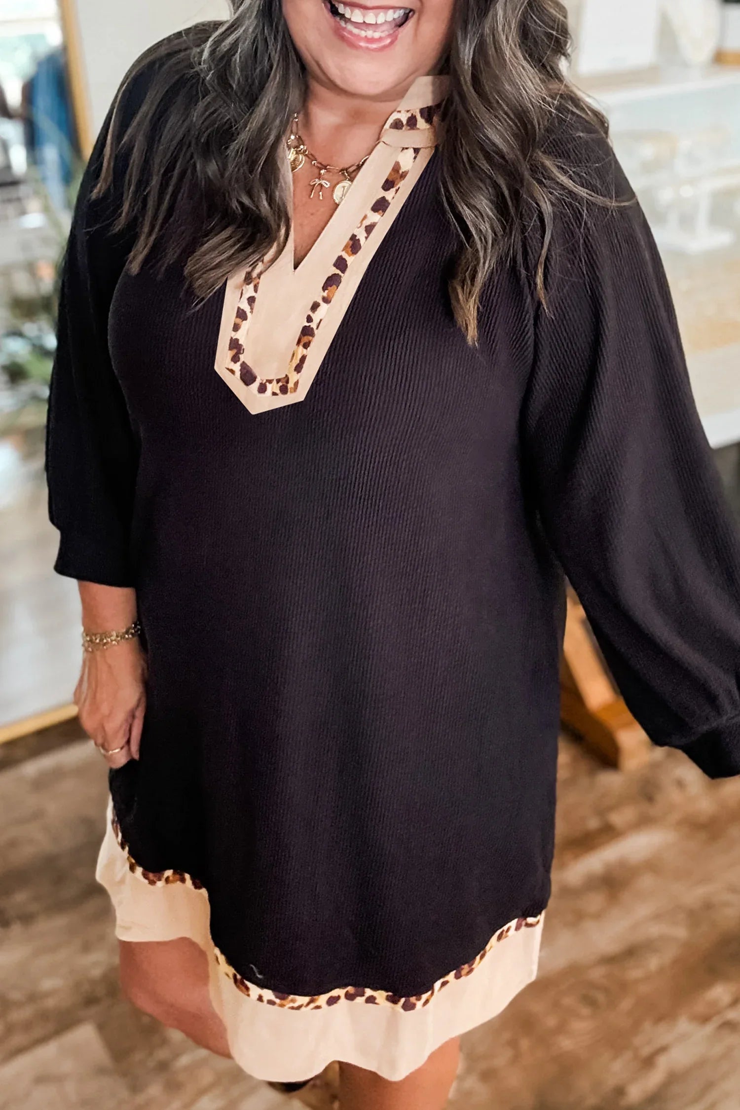 Black Contrast Color Block Leopard Trim Plus Size Ribbed Dress - Windgat