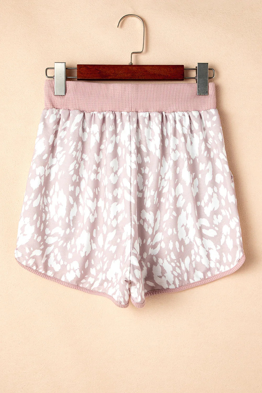 Khaki Classic Leopard Arched Hem Elastic Waistband Casual Shorts - Windgat