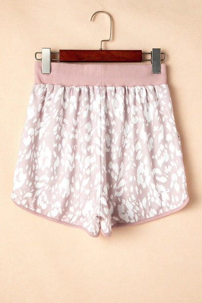 Khaki Classic Leopard Arched Hem Elastic Waistband Casual Shorts - Windgat