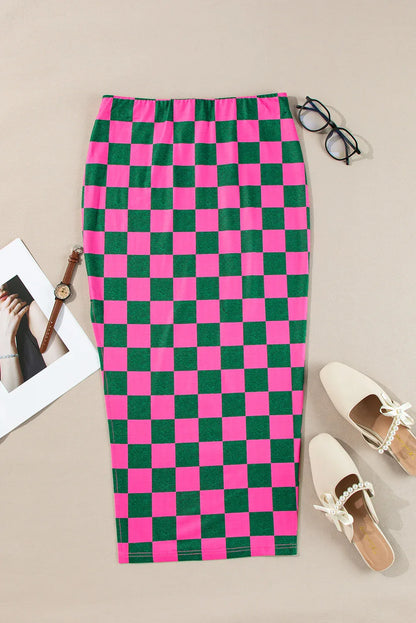 Rose Checkered Print Side Slit High Waist Midi Skirt - Windgat