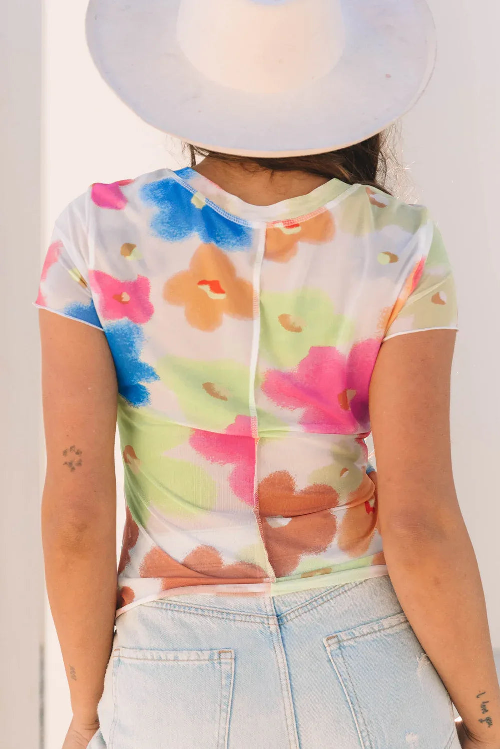 Multicolour Floral Mesh Lettuce Trim Cropped T Shirt - Windgat