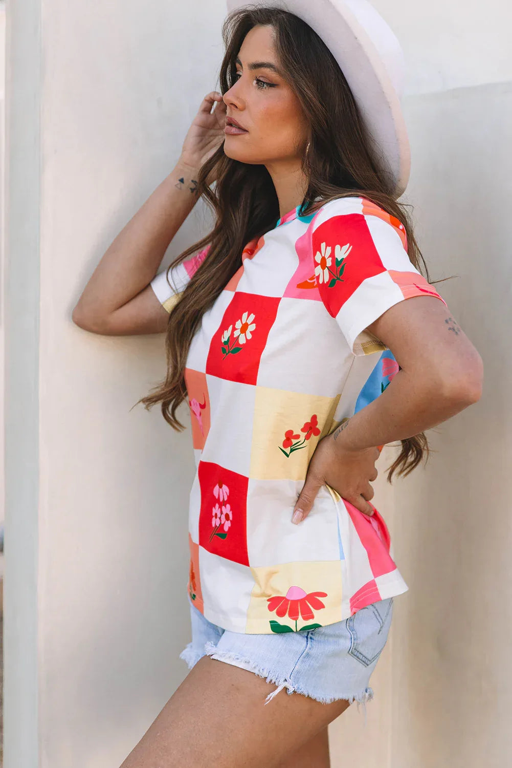 Sky Blue Western Fashion Checker Print Crewneck T Shirt - Windgat