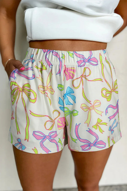 White Cheerful Bow Print Elastic Pull On Casual Shorts - Windgat