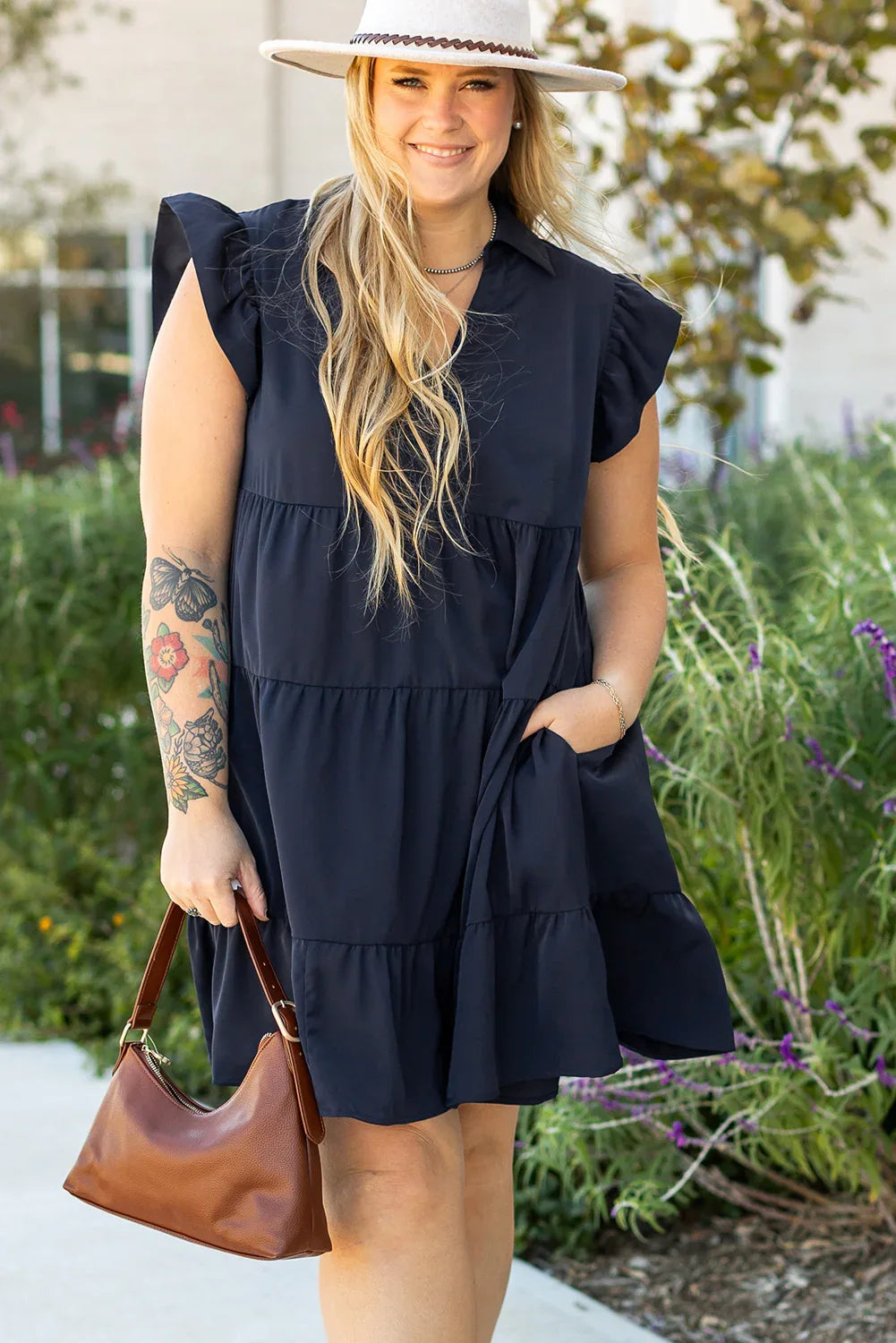 Navy Blue Collared V Neck Flutter Sleeve Tiered Plus Size Dress - Windgat