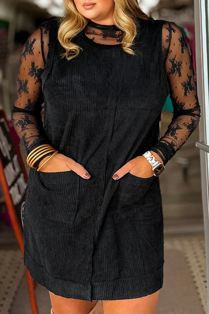 Black Plus Size Corduroy Patch Pocket Sleeveless Mini Dress - Windgat