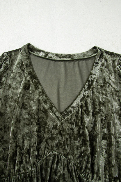 Coffee Plus Size Velvet Babydoll Mini Dress with Puff Sleeve - Windgat